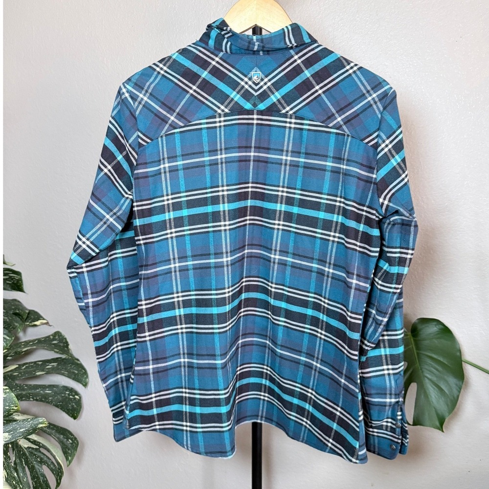 Kuhl Womens Blue Plaid Snap Button Down Hiking Shirt Size L Long Sleeve